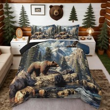 3D Bear Hunt Comforter Set Twin Size Mountain Tree Landscape Bedding Set Kids...