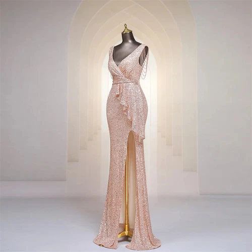 Evening Dress Tassel V Neck Ruffles High Split Women Sequin Long Prom Party Gown - Picture 18 of 30