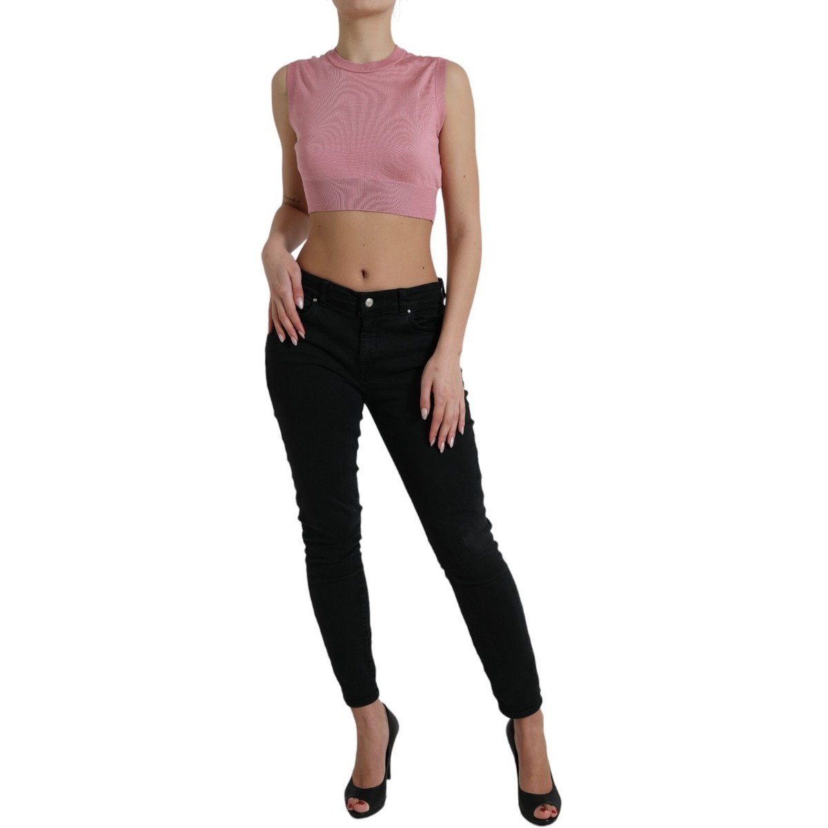 DOLCE & GABBANA Top Tank Pink Crew Neck Cropped Sleeveless