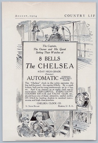 1914 Chelsea Uhr Vintage Werbung Automatik Schlag Schiffe Glocke Boot Schiff Kapitän