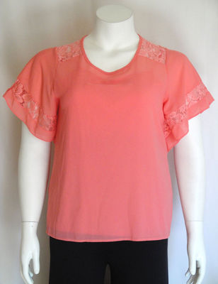 New Women's Plus Size Short Sleeve Coral Laced Crotchet Panel Top Sizes 1X 2X 