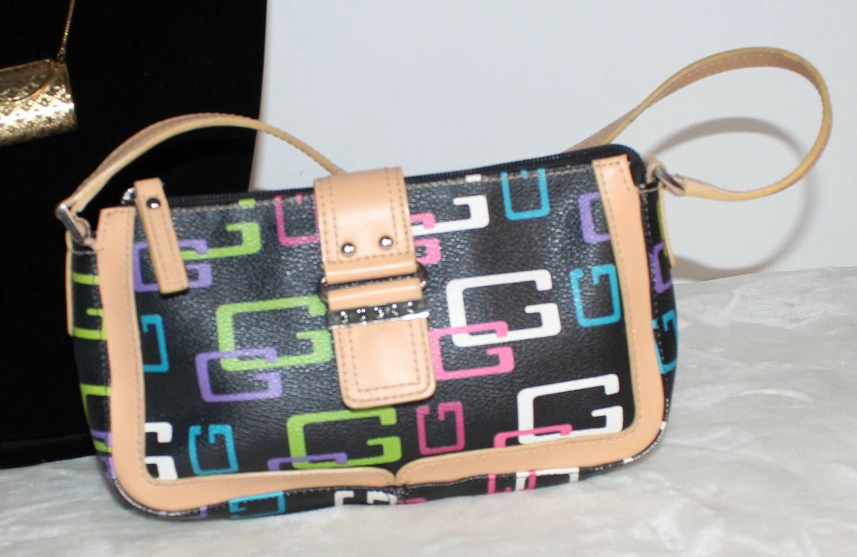 Buckle Top Multi Color Monogram Print Vegan Leather Handbag