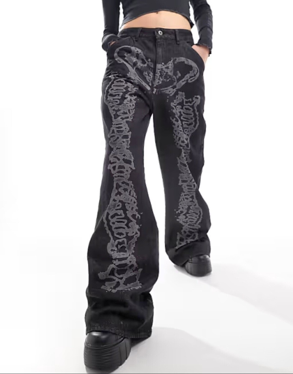 Minga London Bones Black Washed Denim Jeans Skeleton Print Wide