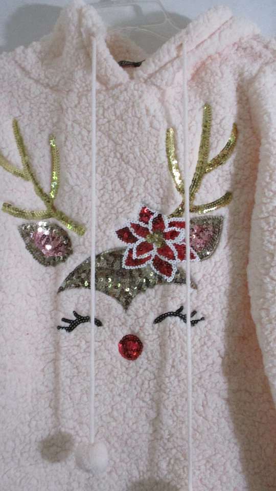 THIRD WISH Pink REINDEER Pull Over SHERPA HOODIE Women's Medium - Image 2 of 4
