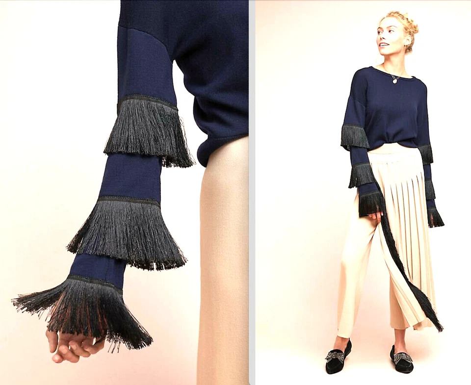 Suéter Anthropologie Tabula Rasa Kahina Azul Marino Negro Flecos Lana S Nuevo con Etiquetas $395 Foto 2 de 4