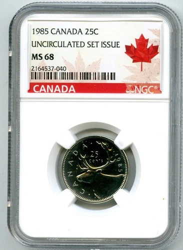1985 CANADA 25 CENT NGC MS68 CARIBOU QUARTER RED MAPLE LEAF LABEL