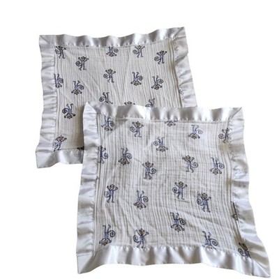 Aden + Anais Security Blanket Set 2 Blue Monkey Muslin Satin Trim White Blue