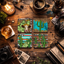 Southwest Desert Ceramic Coaster Set of 4 Cactus Cowgirl Western Drink Coasters