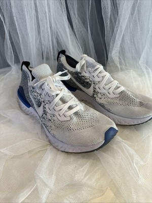 Nike Epic React Flyknit 2 running shoe in a white, black, and blue colorway