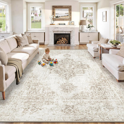 8X10 Area Rugs for Living Room, Washable Vintage Boho Neutral Medallion Rug Non