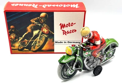 Vintage German Tin Toy Friction Motorcycle Bastian Toys Dunlop Cord Green - NIB - Image 1 of 4