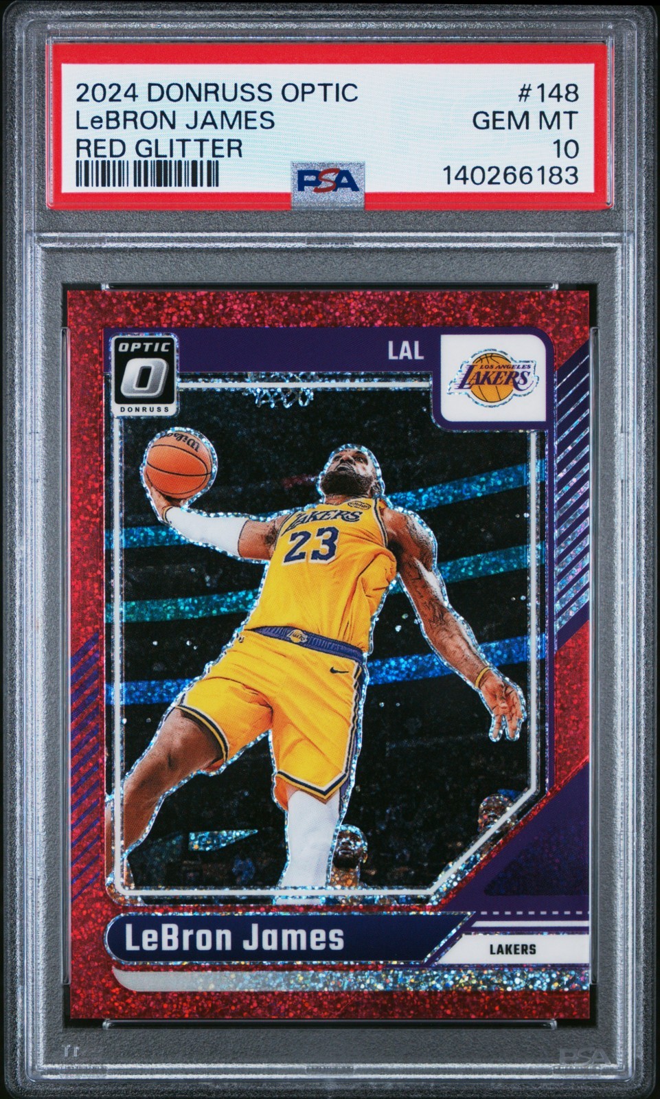 2024 PANINI DONRUSS OPTIC #148 LeBRON JAMES RED GLITTER /75 PSA 10