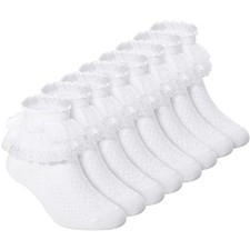 8 Pairs Toddler Girls Dress Socks - Baby Ruffle Cute Frilly Lace Medium White