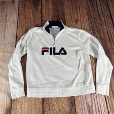 Fila Long Sleeve 1/4 Zip Sweatshirt White Fila Logo Mens Sz Med Unisex