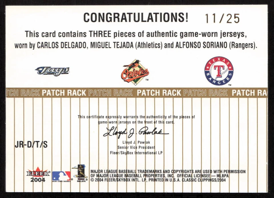 Fleer Triple Patch Gold 2004/25 Delgado, Tejada, Soriano #JR-DTS Foto 2 de 2