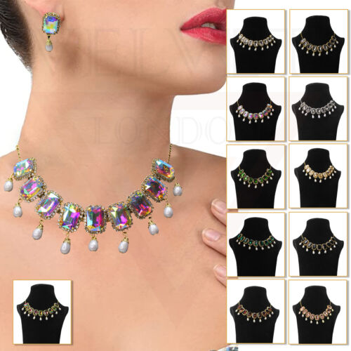 Necklace Bracelet Earrings Squer Crystal Ring Drop Pearl Choker Jewellery Set UK - Afbeelding 1 van 17