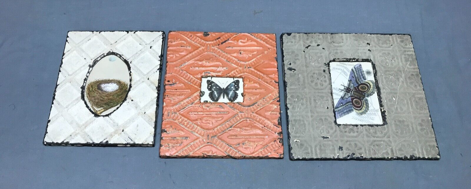 Vintage Mixed Lot 3 Shabby Tin Ceiling Wrapped Picture Frames Old 1822-24B