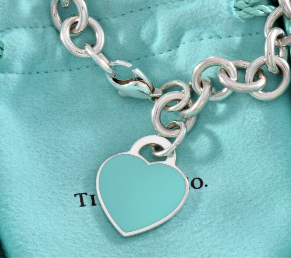 Please Return To Tiffany & Co Silver Blue Enamel Heart Chain Link