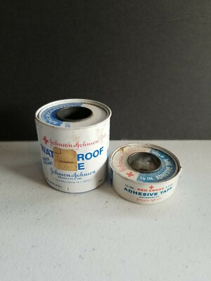 2 Vintage Johnson And Johnson Waterproof Adhesive Tape Tins 5yd LG SML