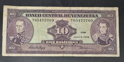 Venezuela 10 Bolivares, 1995, circulated Banknote P#61d (FN49)