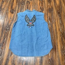 VTG Denim Vest Blue Eagle Patch Star Studded Made in USA Size 14 Womens Top L XL