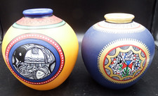 2 Terracotta Madhubani 5 1/2" Handcrafted Vases EXC!!