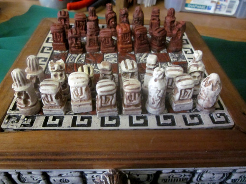 Aztec Mayan Mini Stone Carved Chess Set Red & White 32 Stone Playing Pieces.
