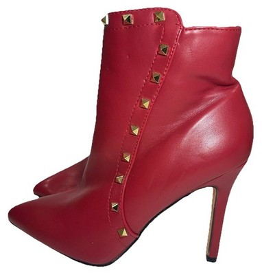 Nicole Miller Wally NM Red Studded Ankle Boots Size 7 Gold Zip Stiletto Heels