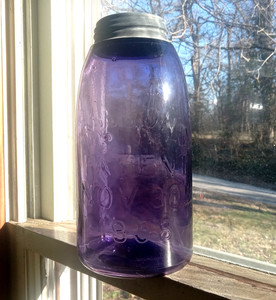 N.C.L.CO MASON'S PATENT NOV 30TH 1858 AMETHYST 1/2 GALLON FRUIT JAR GROUND LIP