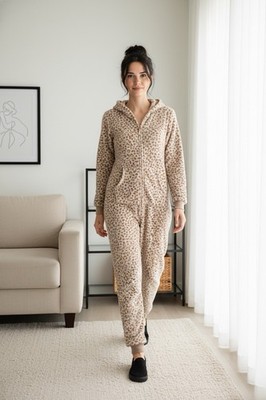 Cat & Jack Youth 14 Women XS Leopard Print Pajama One Piece Brown EUC Pockets