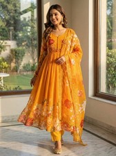 Yellow Anarkali Gown With Dupatta Indian Haldi Party Wear Outfit Long Drees