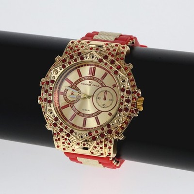 Montres Carlo Men's Hip Hop rapper Red Stones Gold Finish Clubbing Luxury Watch