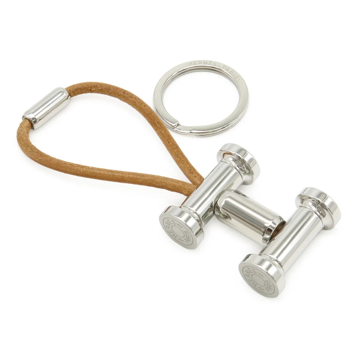 HERMES Mobile H Keychain Charm Stainless Steel Beige Leather