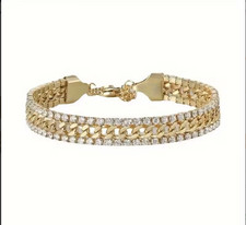 NEW WOMEN MEN GOLD STAINLESS STEEL CHAIN LINK RHINESTONE TENNIS BRACELET 7"-9"