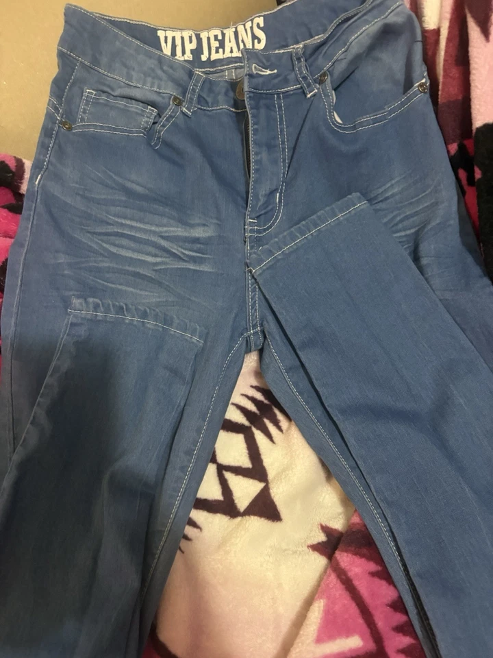 Pantalones de mezclilla para mujer VIP talla 7/8 azul claro, ajuste ajustado, elástico, tiro bajo Foto 2 de 3