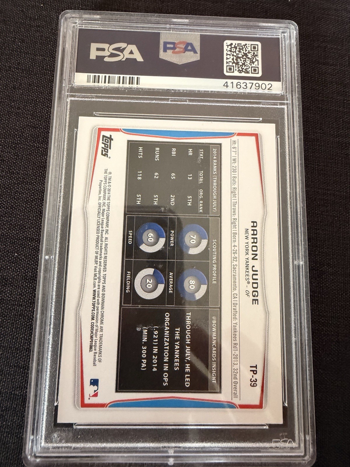 2014 BOWMAN DRAFT PICKS TOP PROSPECTS #TP39 AARON JUDGE RC YANKEES PSA 10 view 2