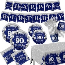 90th Birthday Decorations Tableware Set,142pcs Sliver Blue 90th Birthday Plat...