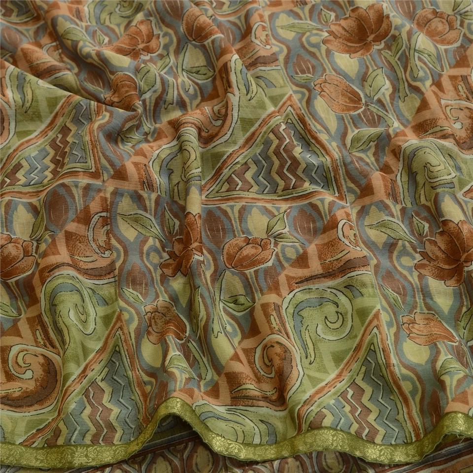 Sanskriti Vintage Multi Sarees Zari Border Printed Chiffon Sari Craft Fabric - Image 3 of 4