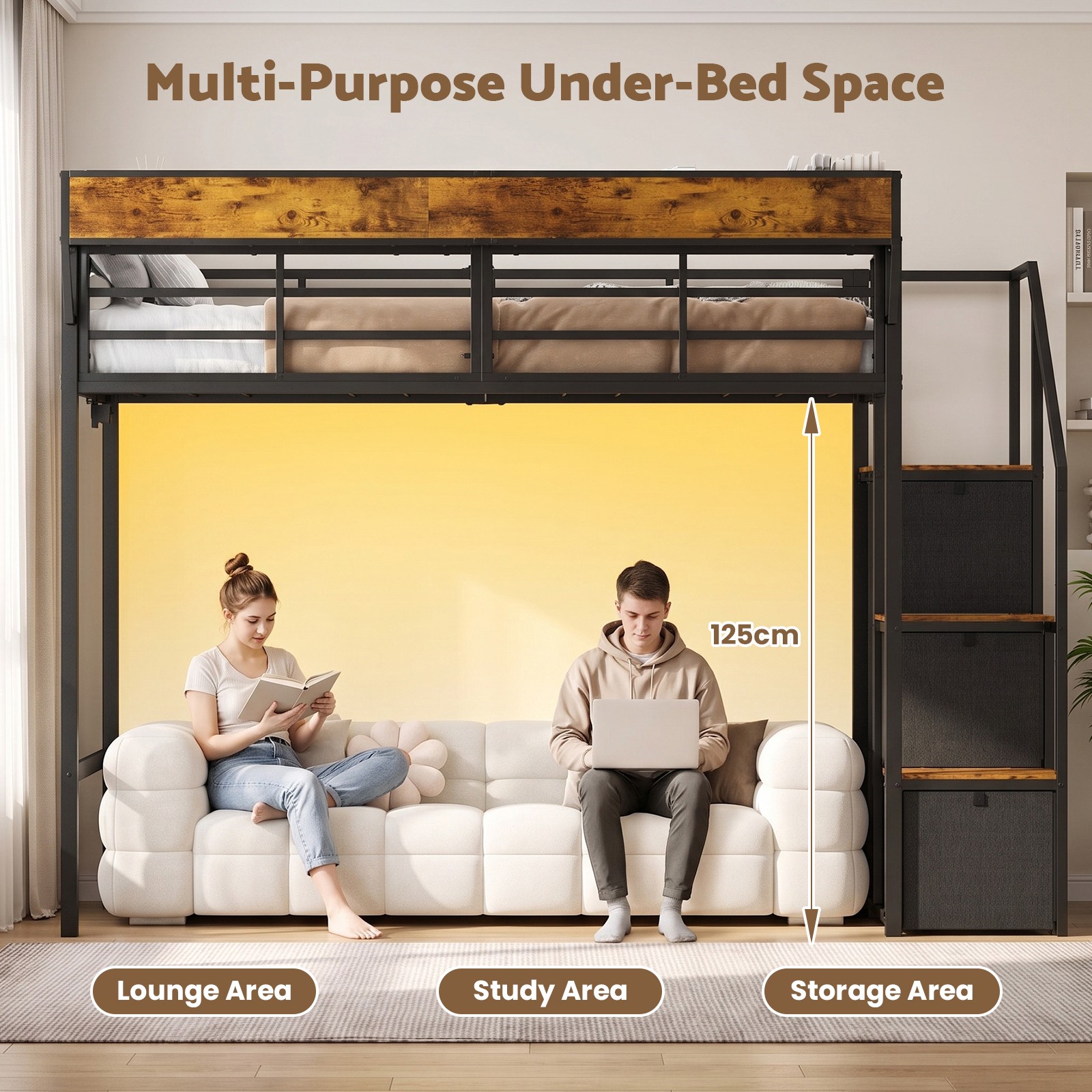 Ufurniture Single LED Loft Bed with Power Outlet & Staircase Black+Brown — image 4