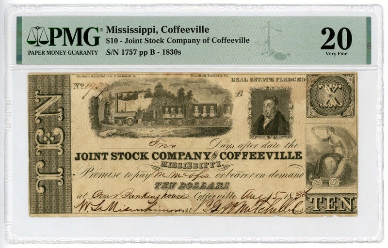 1836 $10 The Joint Stock Company of Coffeeville, MISSISSIPPI Note - PMG VF 20