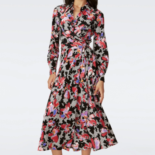 Diane Von Furstenberg Tori Long-Sleeved Wrap Dress in Odette Floral Size L