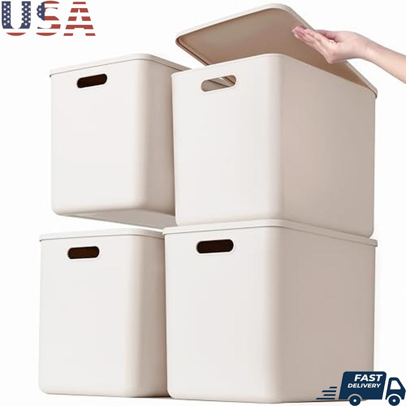 4-Piece Grey Plastic Storage Bins with Lids & Handles for Home Organization-image