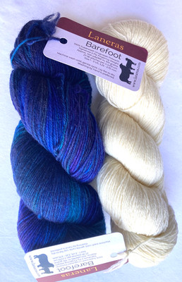 2 Skeins Laneras Fingering BAREFOOT Polwarth Wool Yarn in Natural & Blue Lagoon