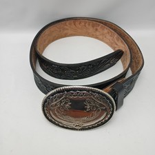 Vtg Mallory Hand Tooled Leather Western Belt With Silver Tone Buckle USA Black