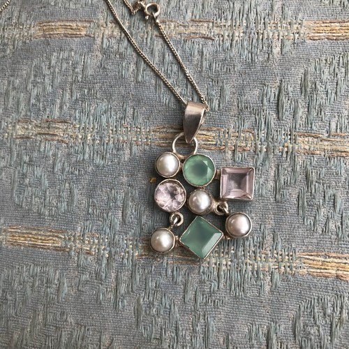 Sterling silver pendant rose quartz, Chalcedony , Pearl Vintage Sterling chain a - Picture 21 of 23