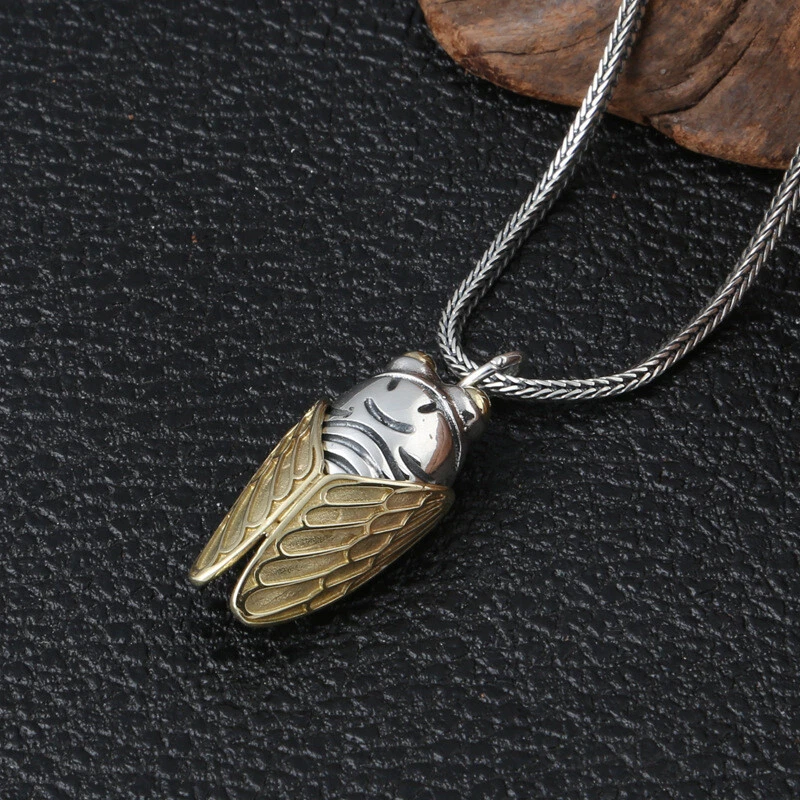 S925 Sterling Silver CICADA Pendant Two-Tone Gold Brass Wings Insect Nature Art - Image 4 of 4