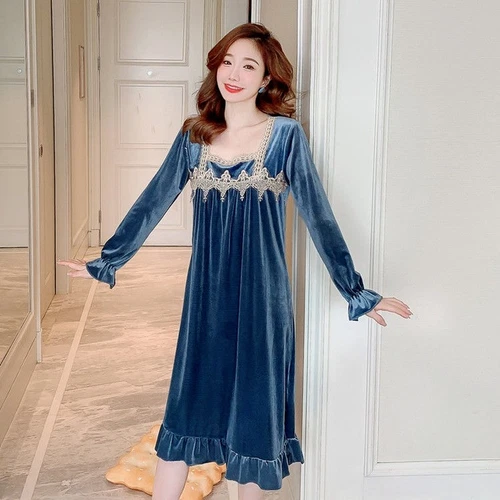 Ladies Velvet Sleepwear Velour Midi Sleep Dress Nightdress Princess Nightgown - Bild 1 von 23