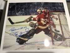 Atlanta FLAMES Dan BOUCHARD #30 MAKES a KILLER Save SIGNED 8X10 FLAMING MASK COA
