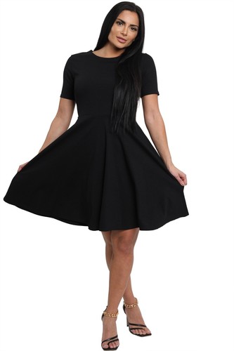 WOMENS LADIES SKATER DRESS SHORT SLEEVE 
