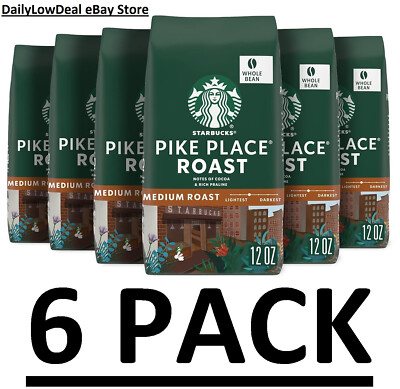 6 PACK - Starbucks PIKE PLACE Medium Roast WHOLE BEAN Coffee 12 oz